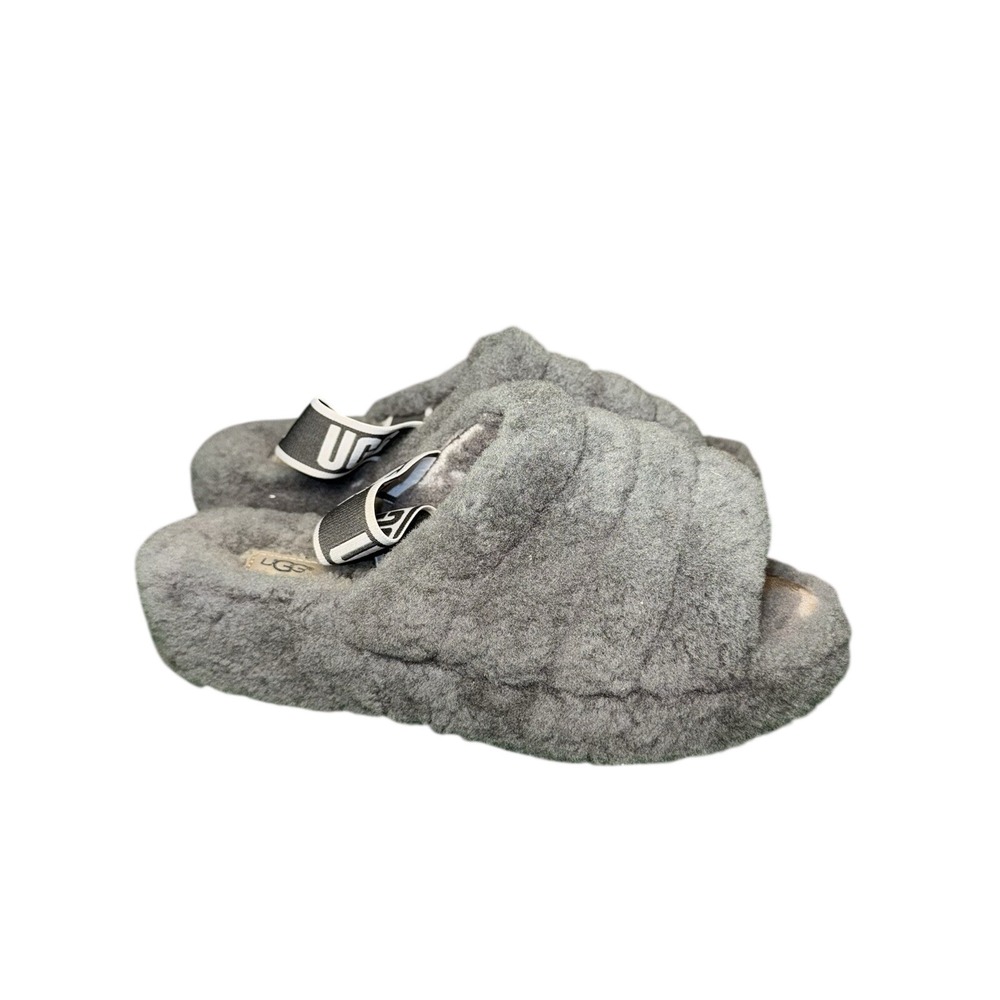 UGG Fluff Yeah Charcoal Gray Sheepskin Slingback Slipper Sandals Womens Size 8